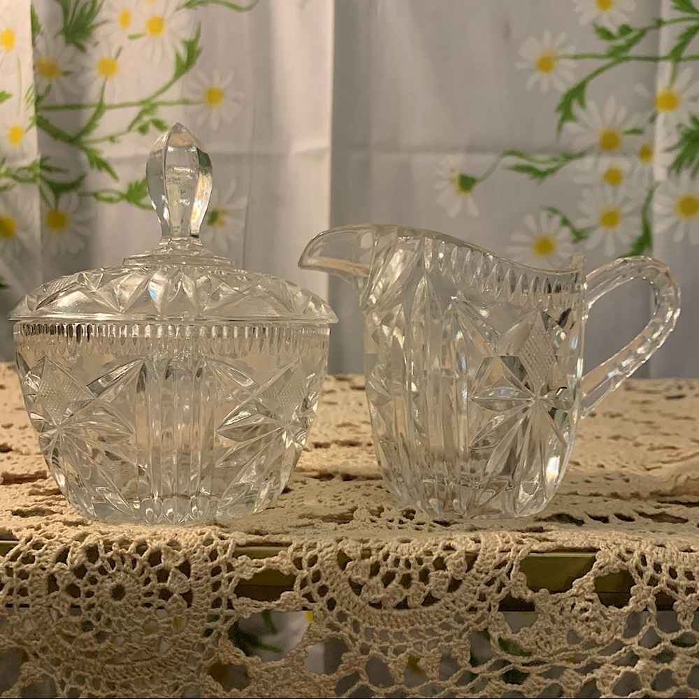 Antique starburst crosshatch glass sugar cream set